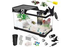 GOZILLA Turtle Tank Kit(Tank+Lamp+Filter), Upgrade PC Turtle Tank Starter Kit with Adjustable Lamp & Filter, Reptile Habitat with Lid, Basking Platform for Small Reptiles.(15.75 × 7.9 × 9''/Black Kit)