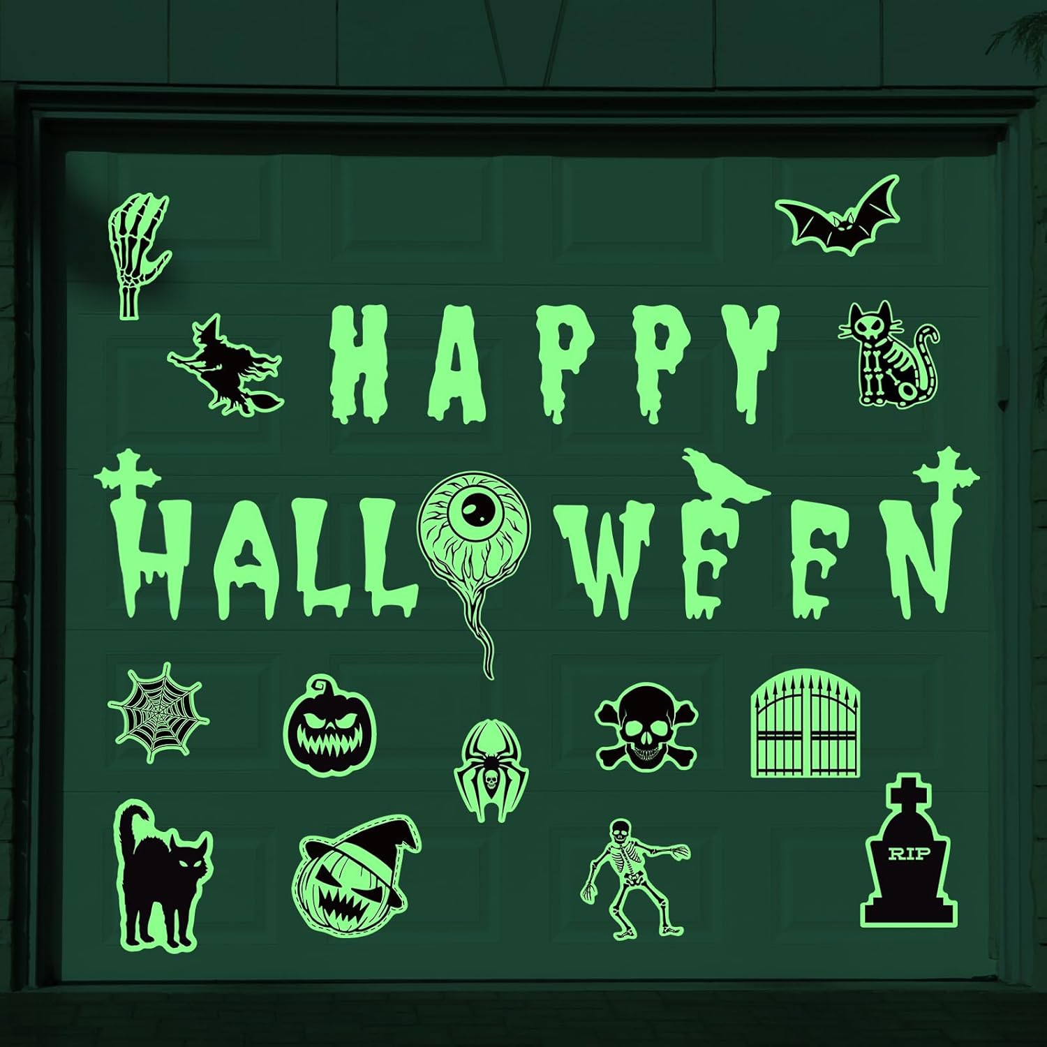 Garage Door Decorations - Xuhal 26 Pieces Halloween Garage Door Decorations Black Magnets Glow in the Dark Garage Magnetic Stickers Luminous Horrible Bat Cat Pumpkin Garage Door Magnets Fridge Car Magnets Decal for Party Decor