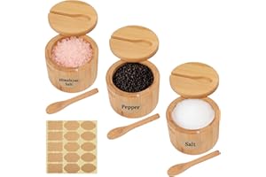 FHUIEWRY Bamboo Salt Cellar, 3PCS Salt Box Bowl with Spoon&Magnetic Screw Lid, Spice Box Seasoning Storage Container with Lab