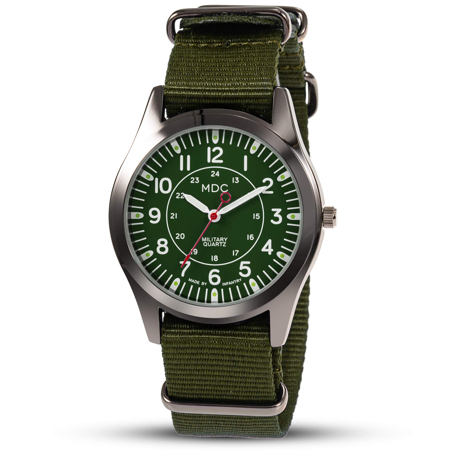 Infantry Men's Analog Wrist Watch,Military Field Style,Tactical 12/24 Hr Japanese Movement,Waterproof Army Watch w/Comfortable Green Nylon NATO Band, Great Gift for Men Under £50