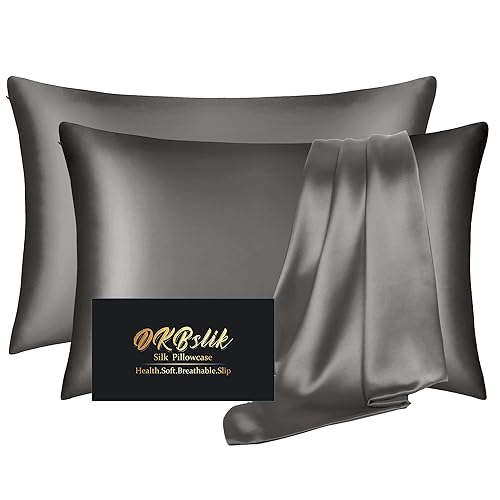 Silk Pillowcase 2 Pack, Mulberry Silk Pillow Cases Queen Size Set of 2, Anti Acne Silk Pillowcase for Hair and Skin, Natural Silk Satin Pillowcases Gifts for Women Men 2 Pack with Zipper, Dark Gray