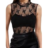 DUKBUBI Women's Sleeveless Sheer Mesh Crop Top Mock Neck Lace Tank Top Y2K Floral See Through Blouses Sexy Summer Tops