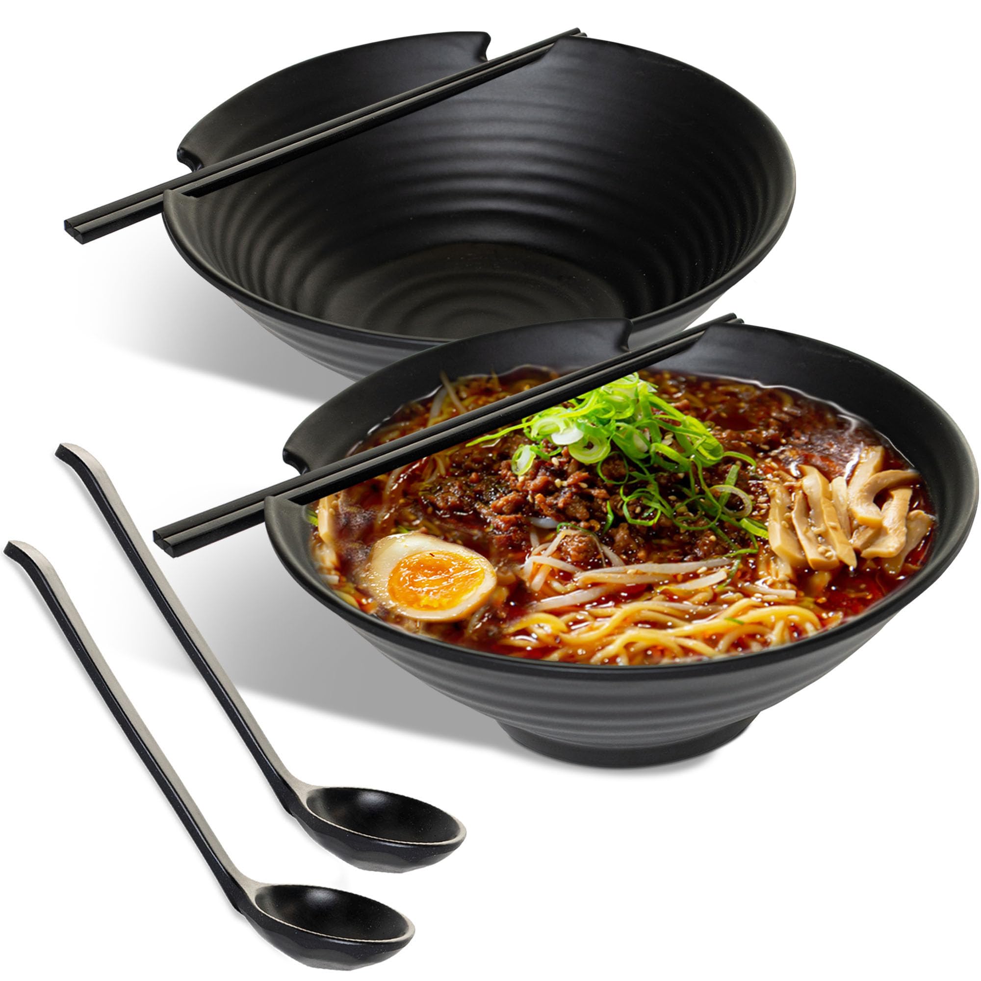 HEFTMAN Japanese Ramen Bowl Set of 2 - Elegant 1000ml Ramen Bowls, Dishwasher Safe Re-Usable Plastic Noodle Bowl Set for Soup, Salad, Rice & Pasta Dishes - with Matching Spoons & Chopsticks (Black)