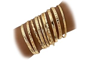 IFKM Gold Bangles Bracelets For Women, 14k Gold Plated Multi Layer Stackable Open Bracelet Set, Elegance Trendy Charms Non Tarnish Minimalist Textured Boho Jewelry Gift for Women