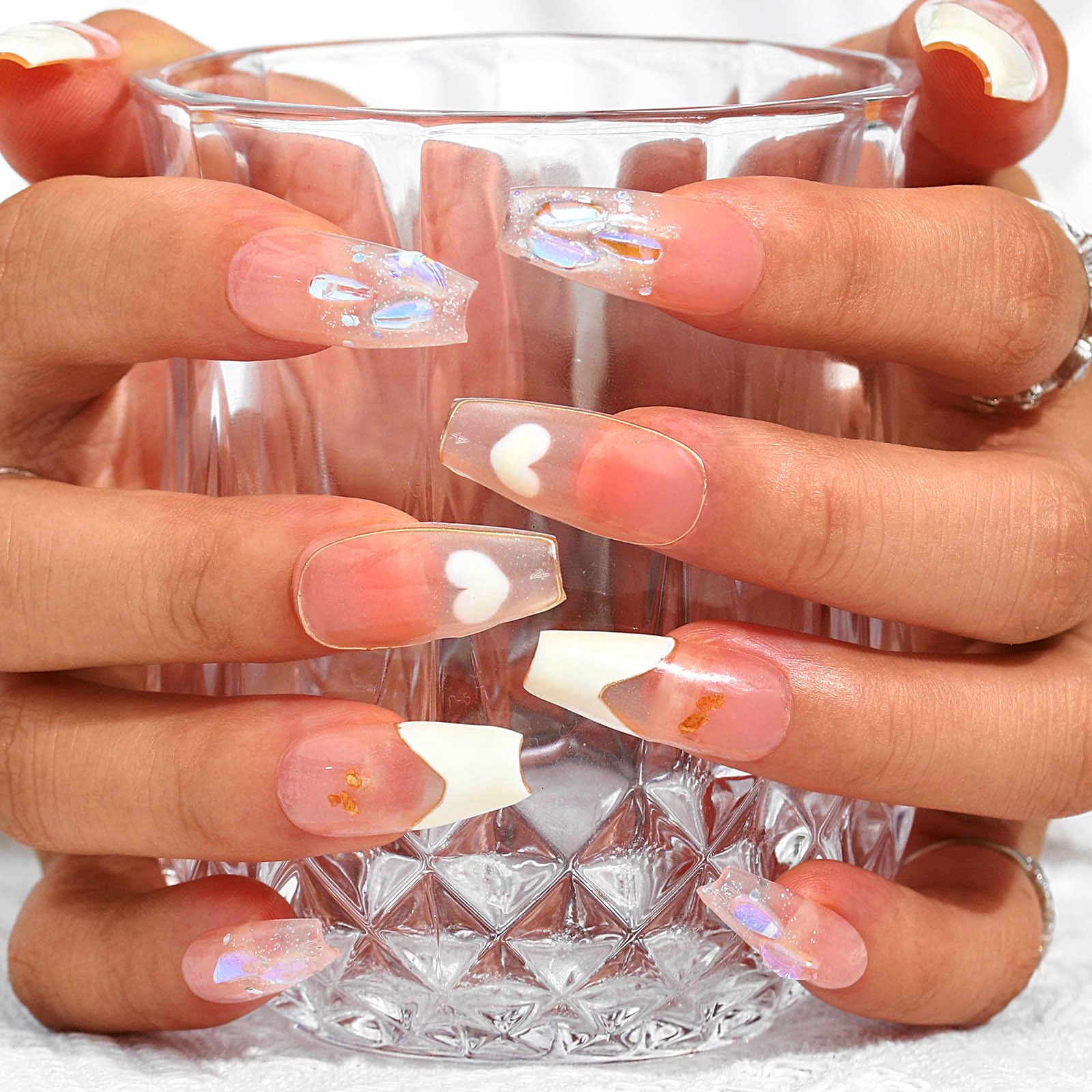 Sethexy Handmade Long Coffin False Nails Aurora Gradient Fake Nails Rhinestone Glitter Glossy Press On Nails Crystal Acrylic Sparkle Salon Quality Nail Art Removable for Women and Girls (P)