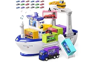 Vanvimen Cargo Boat Toys for 3 4 5 6 Year Old Boys Kids, Toy Boat and Crane Playset with 18 Pcs Die-Cast Cars, 8 Containers, 4 Sound and LED Light, Ideas Birthday Gifts for 3 4 5 6 Year Old Boys