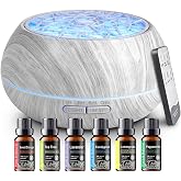 550ml Large Capacity Essential Oil Diffuser with 6 Essential Oils | Remote Control,Aromatherapy,Air Humidifier with Timer,7 Color LED Night Light Waterless Auto-Off White Wood Grain