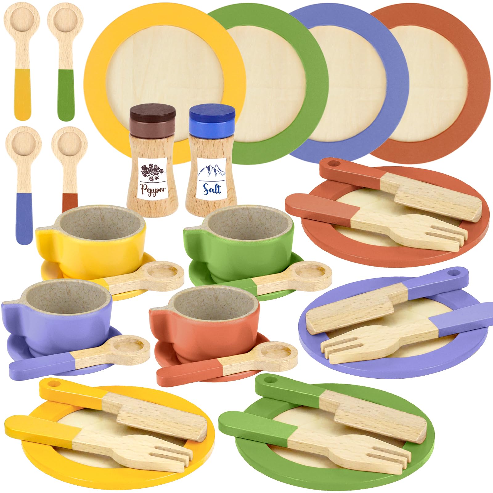 Photo 1 of Wooden Play Dishes and Plates for Kids Kitchen Set Accessories for Toddlers 1-3 Cooking Toys Tea Cups for Kids Kitchen Birthday Gift for 3 4 5 Year Old Boys Girls