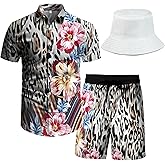 RPOVIG Beach Outfit Matching Shirts Shorts Men's Hawaiian Festival Floral Clothes 2 piece Sets with Bucket Hat