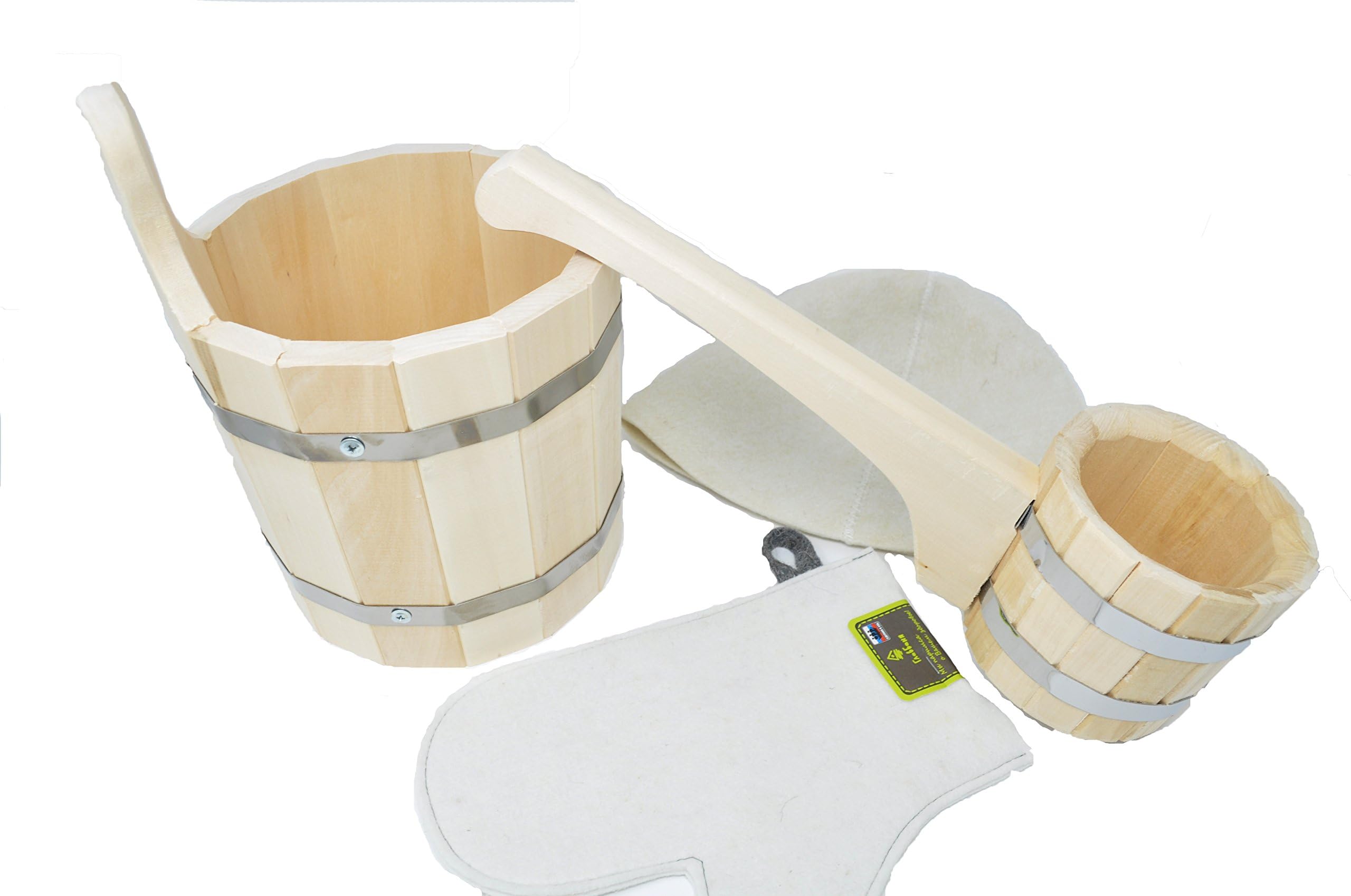 Set of Accessories for Sauna or Russian Bania - Wooden Bucket (5 l) - Wooden ladle (0.5 l) - Felt Hat and Glove