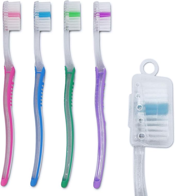 4 x Adult Toothbrushes with Covers Family Bulk Pack 4 Colours