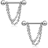 Ruifan Surgical Steel Nipple Shield Rings Tongue Barbell Piercing Jewelry Retainer 14G 5/8Inch Chain Dangle Clear CZ for Women Men 2-20PCS