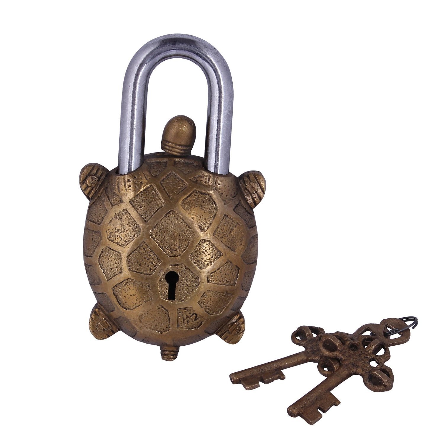 Purpledip Tortoise/Turtle Shaped Antique Design Handcrafted Brass Safety Lock or Padlock | Significant in Feng Shui and Vaastu Philosophy for Good Luck (10278)