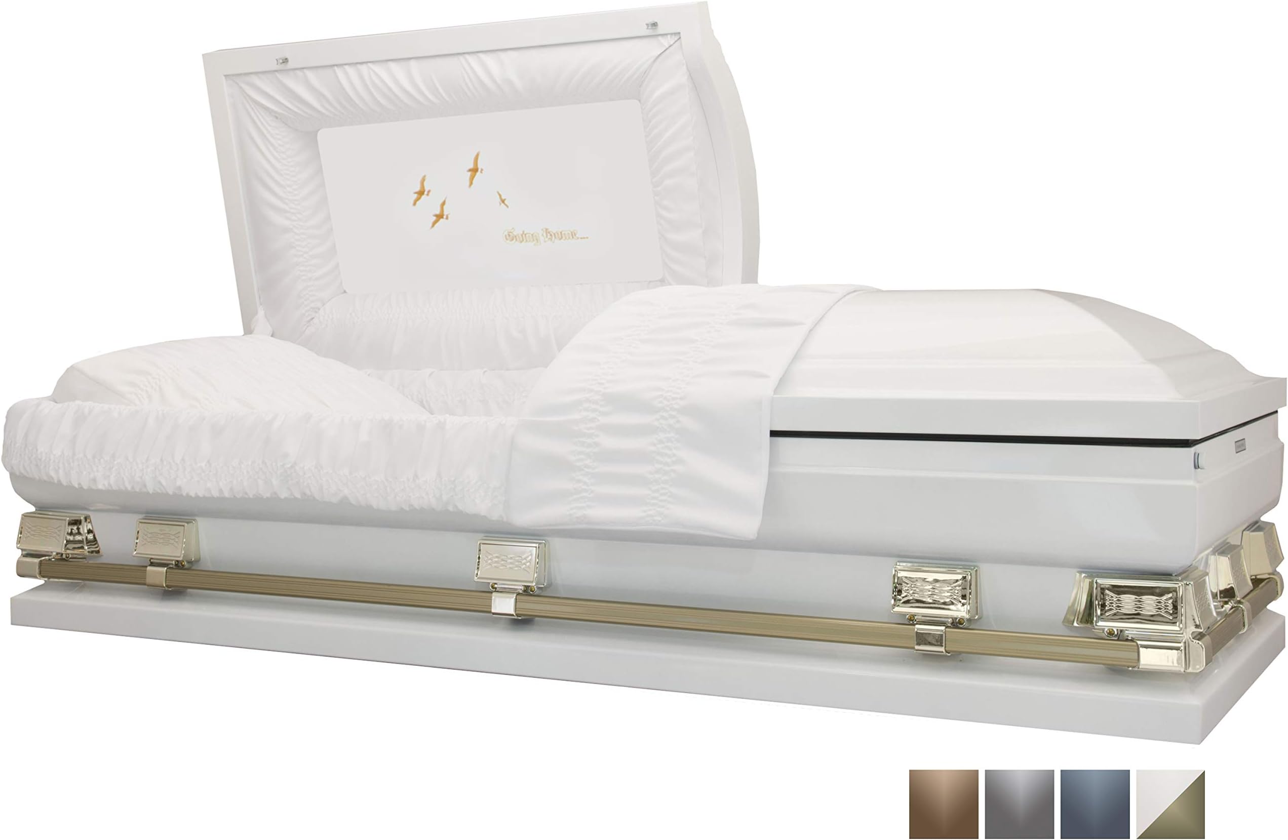 Titan Casket Atlas XL Panel Collection (28", White & Gold, Going Home) Handcrafted Oversize Funeral Casket - White & Gold with White Crepe Interior & 'Going Home' Head Panel