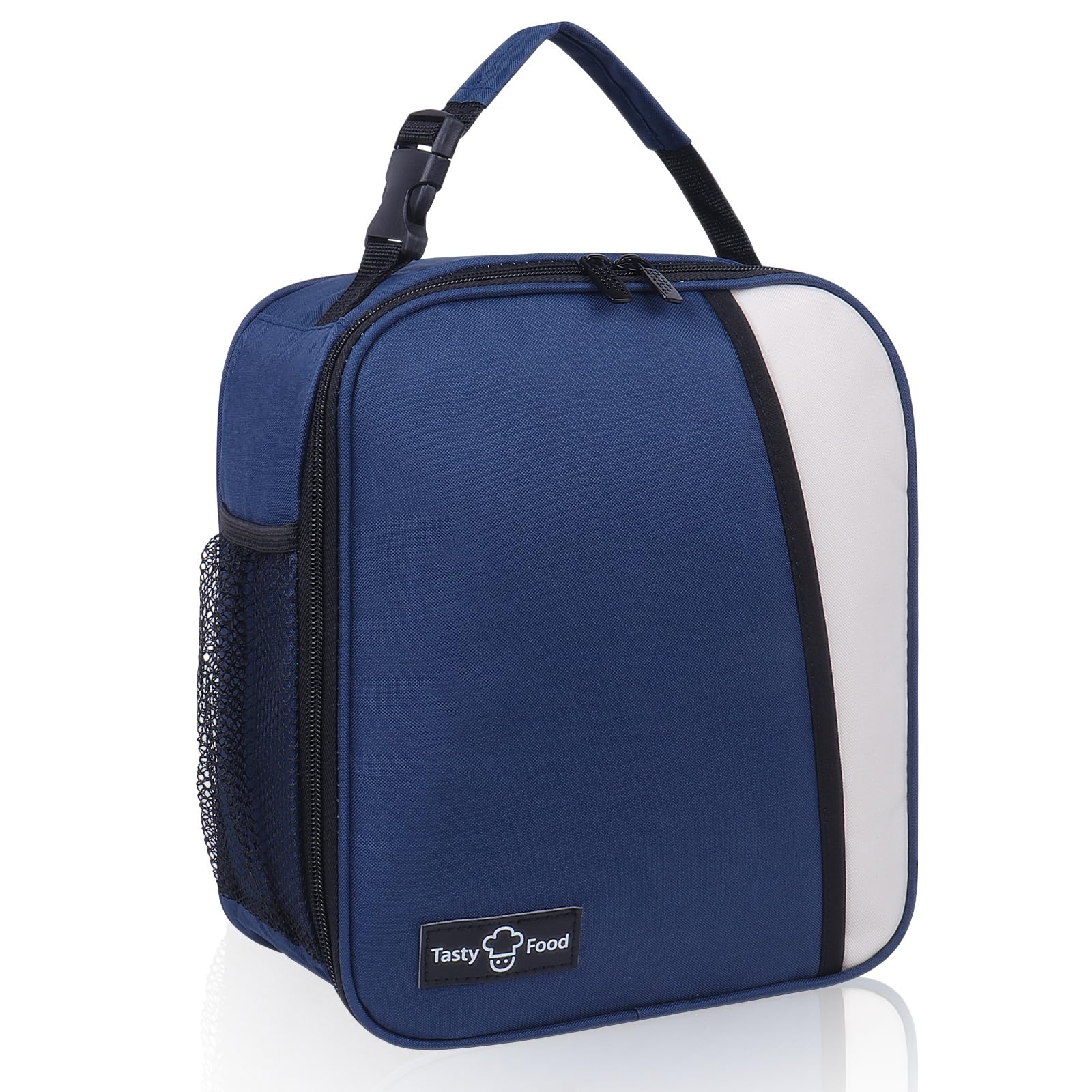 GAOHUI Insulated Lunch Bag for Adults Kids Men Women, Water-Resistant Small Cool Bag Lunch Box Bag with Side Mesh Pocket for Work School Picnic Office(Blue&White)