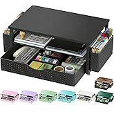 Spacrea Computer Monitor Stand with Drawer and 2 Pen Holders, Black | Double layer storage Computer Stand Monitor Riser Office Organization for Desk