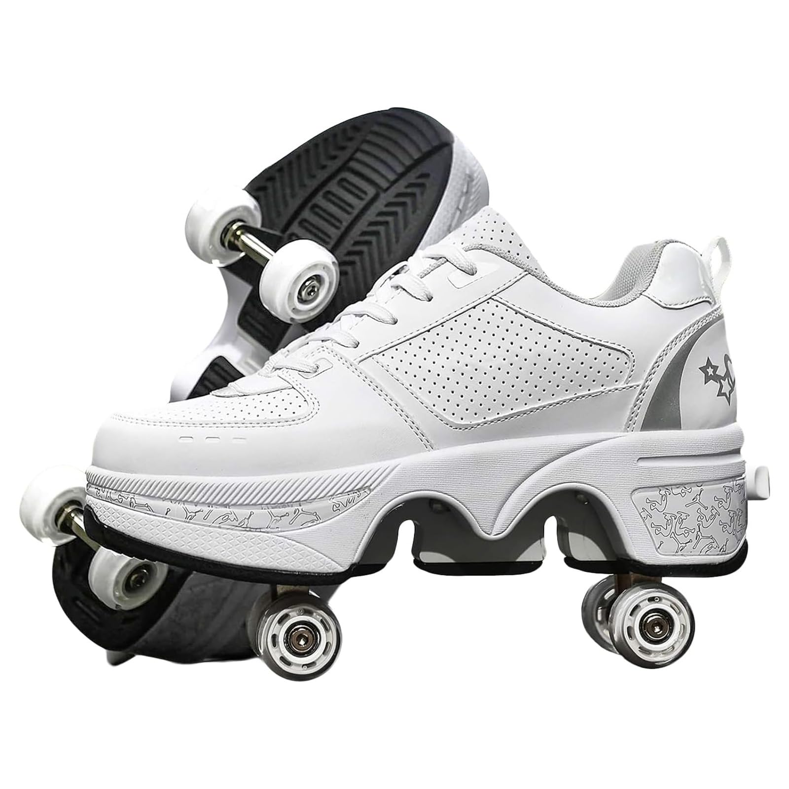 Outdoor roller skates, adjustable roller skates for women, quad skates deformation trainer for adults, sneakers with invisible wheel for beginners (WHITE, UK-6.5)
