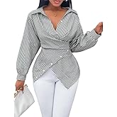 Chvity Stripes Cross V Neck Wrap Blouse for Women Fashion Sexy Slim Fit Long Sleeve Buttons Shirts Casual Cozy Tops