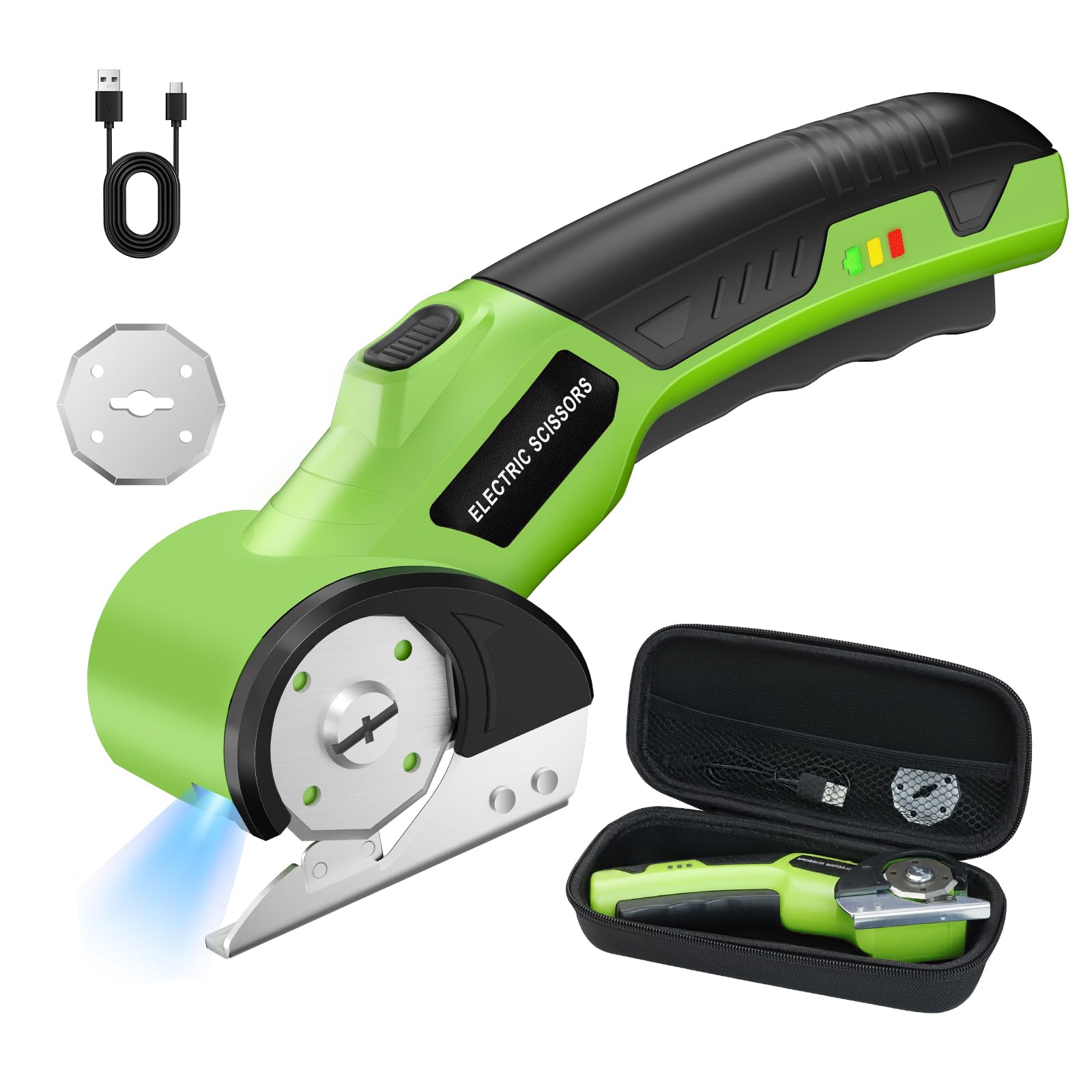 Photo 1 of 4V Cordless Electric Scissors (Green), Effortless Cutting with Safety Lock & LED Light, 2 Blades Power Rotary Cutter Saves 50% Time on Cardboard, Fabric, Carpet, Leather, Rechargeable with Storage Box