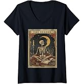Womens Cottagecore Skeleton Aesthetic Tarot Card The Reader Graphic V-Neck T-Shirt