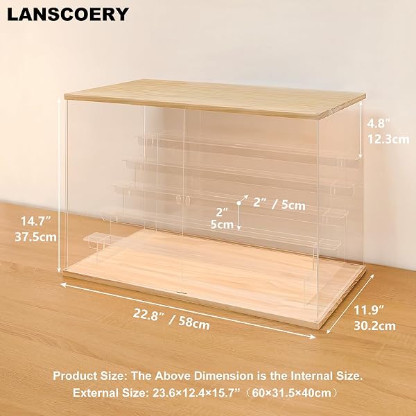 LANSCOERY LED LIGHTED ACRYLIC DISPLAY CASE, 6 TIER DISPLAY BOX FOR COLLECTIBLES AND ACTION FIGURES, CLEAR DUSTPROOF ORGANIZER WITH WOODEN BASE – 22.8X11.9X14.7INCH