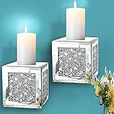 ZOLAPI Set of 2 Crystal Crush Diamond Candle Sconces, Gorgeous Silver Mirrored Wall Sconce, Candle Holder Glass Wall Decorations for Home Décor, Living Room, Dining Room. Floating Shelves