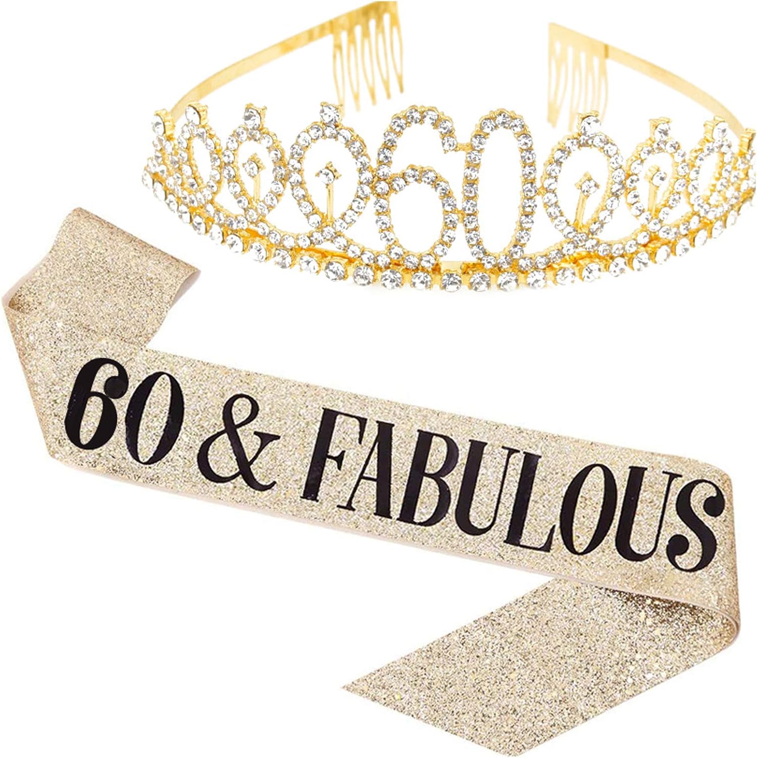 Leixi 60 and Fabulous Sash & Rhinestone Tiara Kit - 60th Birthday Sash 60 Birthday Gifts Party Favors, Supplies and Decorations (Gold)