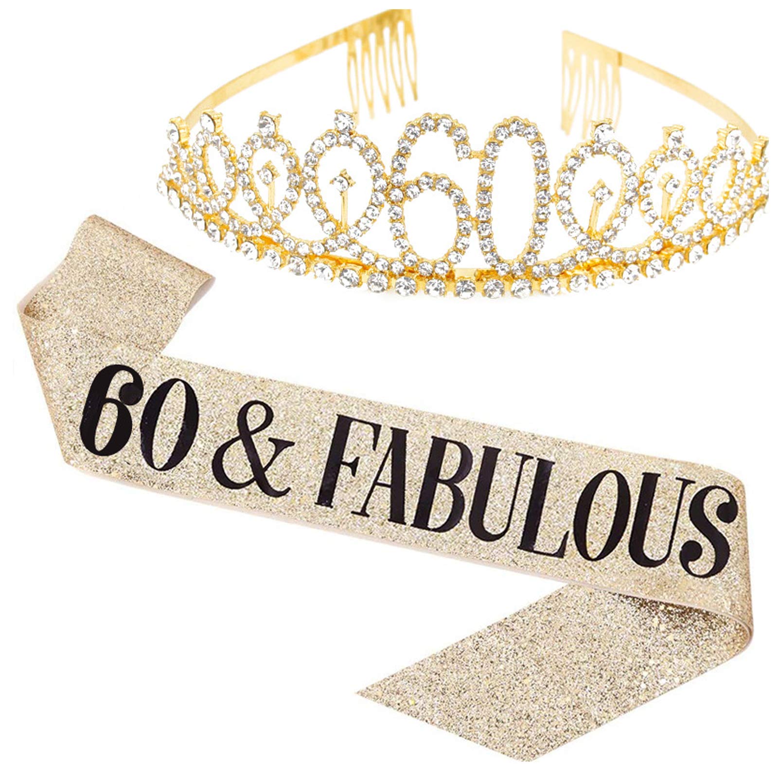 Leixi 60 and Fabulous Sash & Rhinestone Tiara Kit - 60th Birthday Sash 60 Birthday Gifts Party Favors, Supplies and Decorations (Gold)