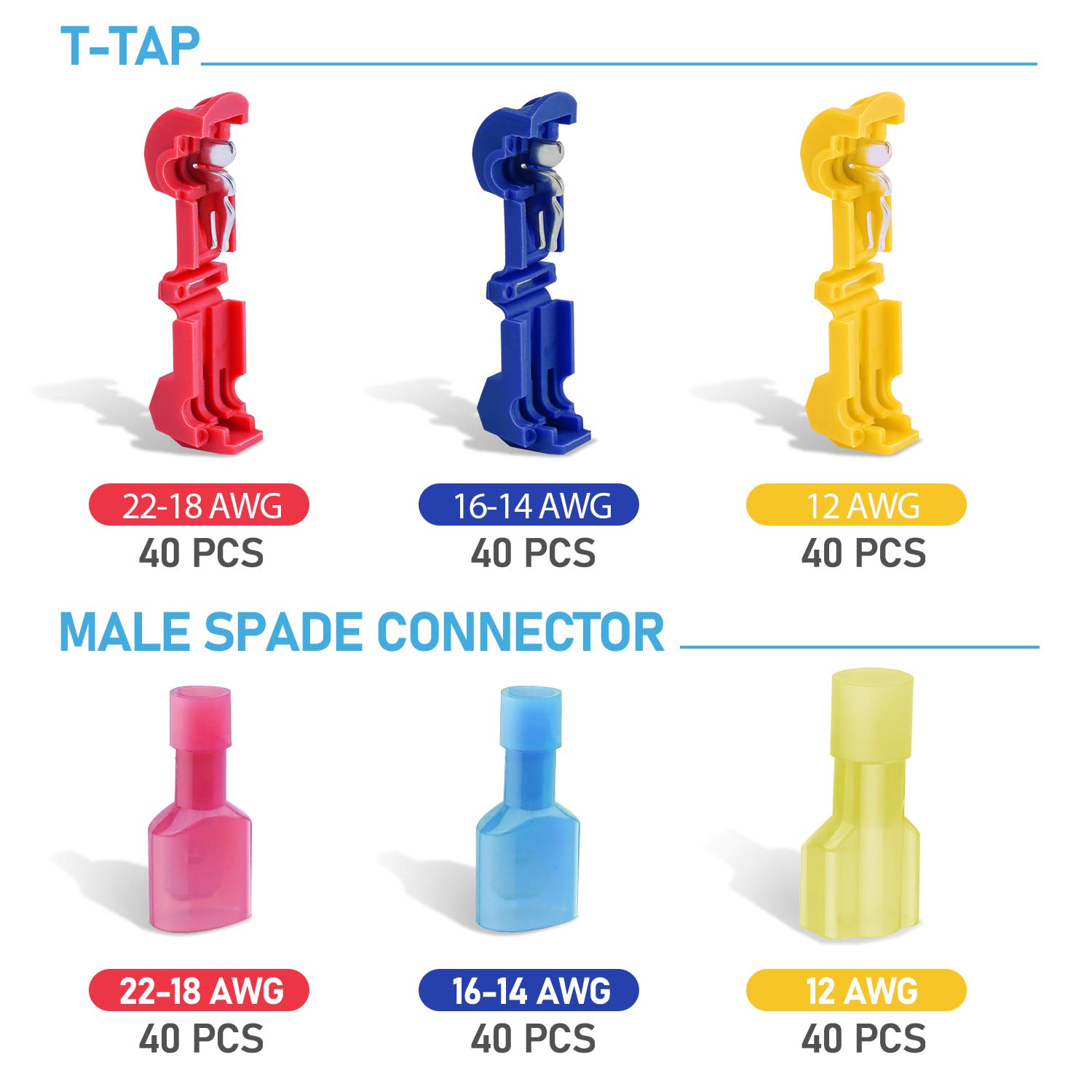 TICONN 240PCS T-Tap Wire Connectors, Self-Stripping Quick Splice Electrical Wire Terminals, Insulated Male Quick Disconnect Spade Terminals Assortment Kit with Storage Case (240): Home Improvement