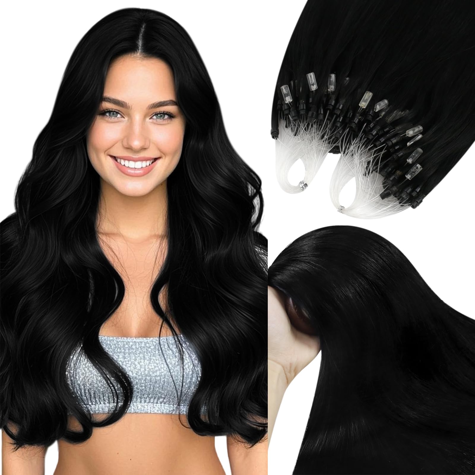YoungSee Micro Beads Hair Extensions Jet Black 14inch Micro Loop Human Hair Extensions Black Microrings Hair Extensions Black for Women Cold Fusion Silky Straight Short Smooth 50s 50g — image 1