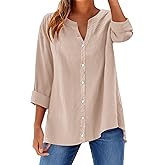 LOMON Womens Button Down Shirts Long Sleeve Cotton Button Up Shirt Linen V Neck Casual Loose Tops Blouses