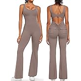 OLCHEE Womens Flare Jumpsuits One Piece Seamless Butt Scrunch Workout Romper Square Neck Backless Wide Leg Unitard