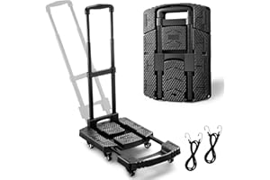 Folding Hand Truck, 500 LB Heavy-Duty Dolly Cart with 6 Wheels (2 with Brake) & 2 Elastic Straps - Compact for Moving, Travel
