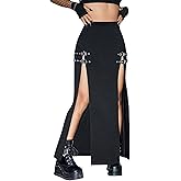 Verdusa Women's Buckle Split Thigh High Waist Clubwear Punk Loose Maxi Skirt