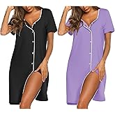 Ekouaer Nightgowns for Women 2 Pack Button Down Sleepshirt Short Sleeve Nightshirt Soft Sleepwear V Neck Pajama Dress