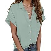 Zeagoo Button up Cotton Womens Short Sleeve Linen Shirts V Neck Collared Button Down Blouse Tops Light Green