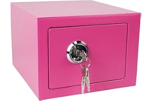 Luwint Small Steel Safe Lock Box with Key, General Home Use, 9.5 x 9 x 6.5 in (Pink)