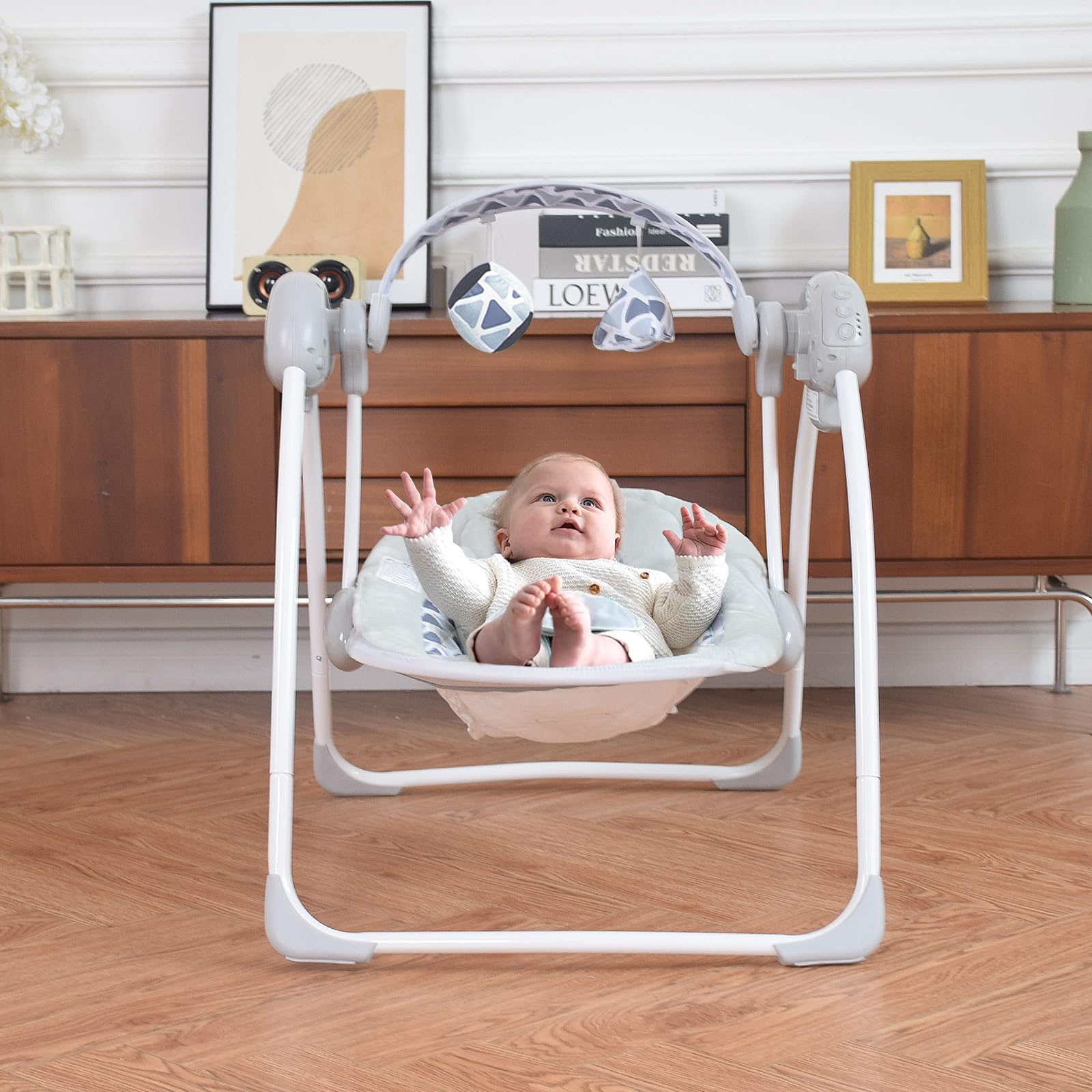 Baby Swings for Infants, Portable Baby Swing Folds Easy with Adaptable Speed, Music,Timer,Baby Swing Indoor/Outdoor,Infant Swing for Babies 0-6 Months 6-20 lbs Grey