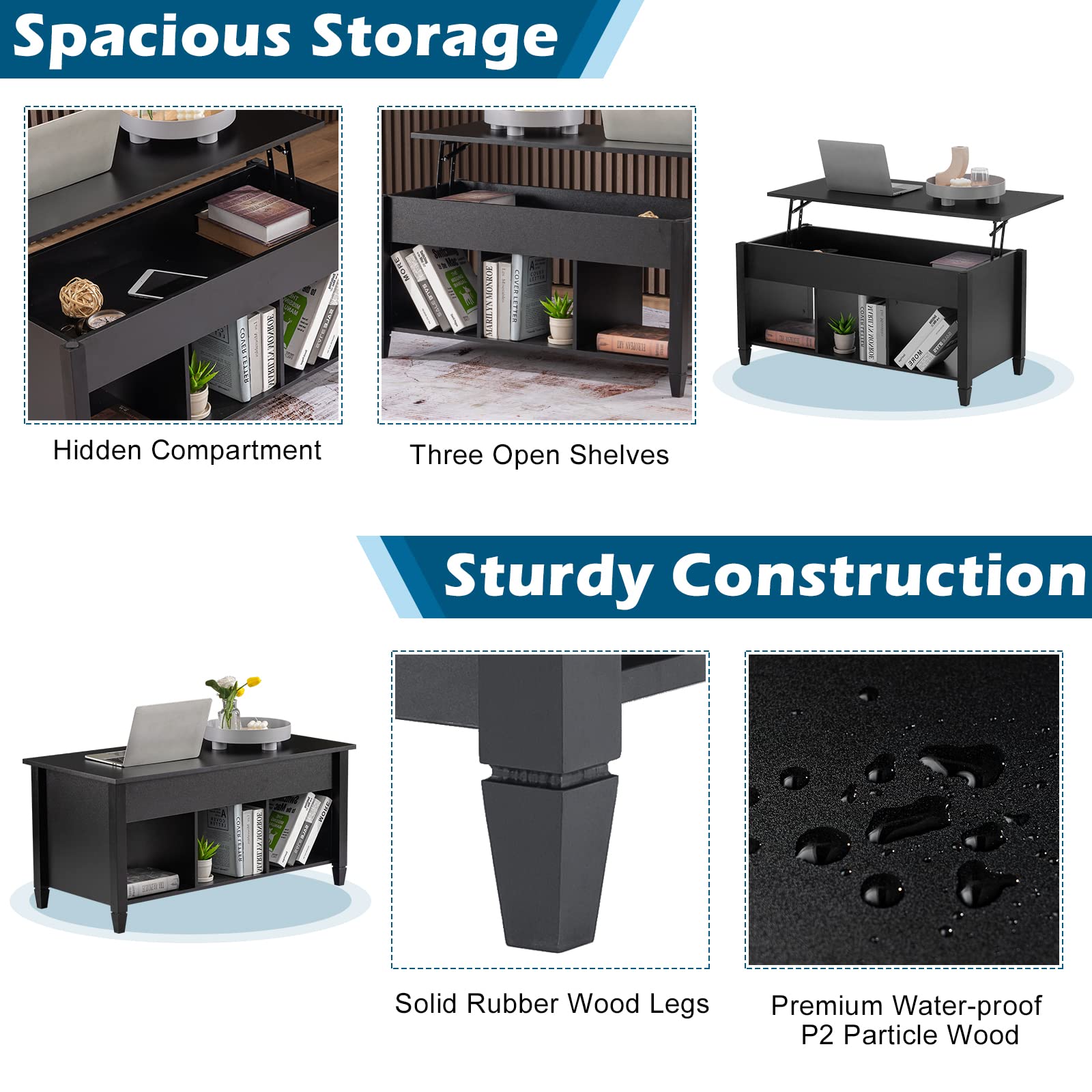 VINGLI Lift Top Coffee Table, Lift Up Coffee Table with Storage Shelf