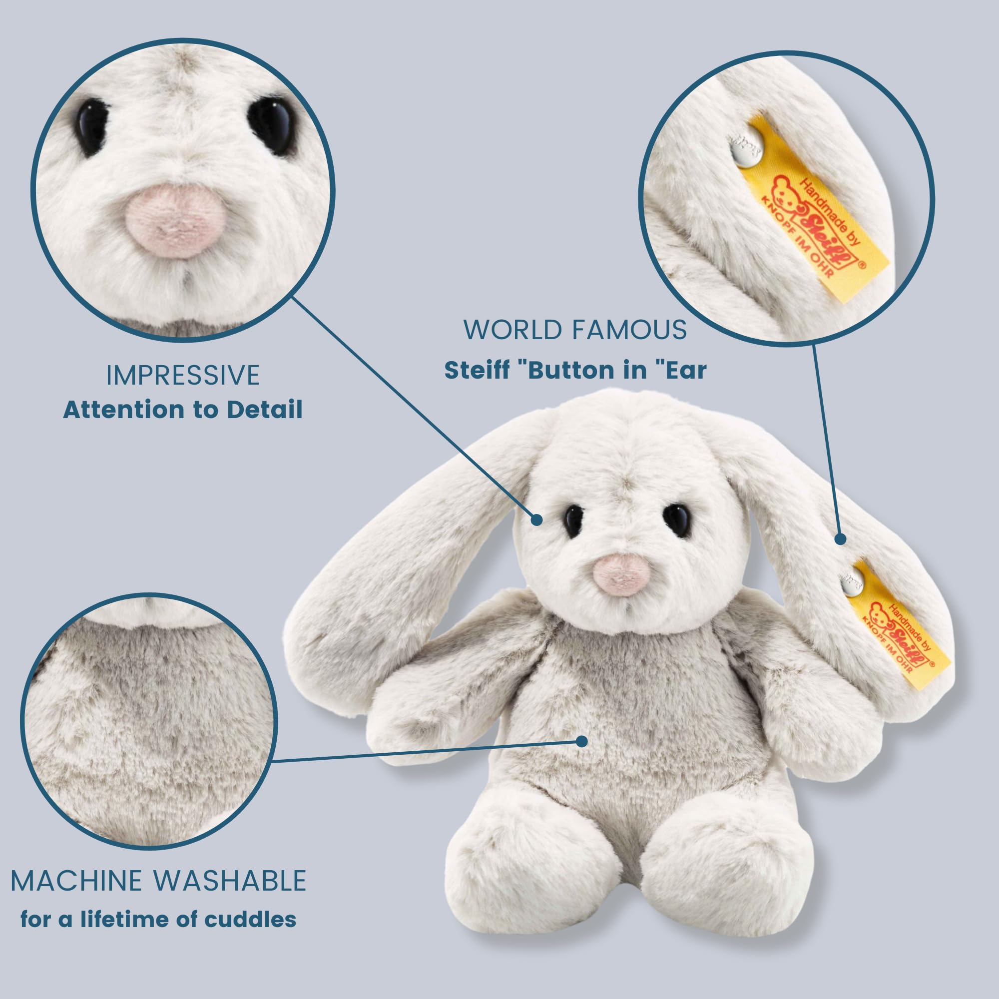 Steiff Hoppie Hase 18 cm hellgrau, Plüschtier Hase mit Schlappohren, Soft Cuddly Friends, flauschiges Stofftier zum Kuscheln und Spielen, Kuscheltier für Mädchen und Jungen, waschmaschinenfest 4