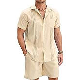 COOFANDY Men Linen Sets Outfits 2 Piece Short Sleeve Cuban Shirts Guayabera Linen Suit