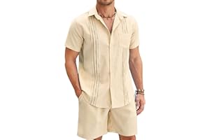 COOFANDY Men Linen Sets Outfits 2 Piece Short Sleeve Cuban Shirts Guayabera Linen Suit