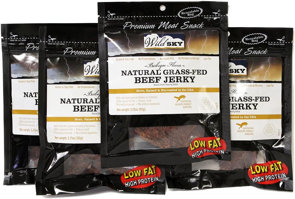 BBQ Beef Jerky 4-Pack (3.25 Oz Package), Grass Fed Beef 100% All Natural Wild Sky Barbeque Flavor Jerky