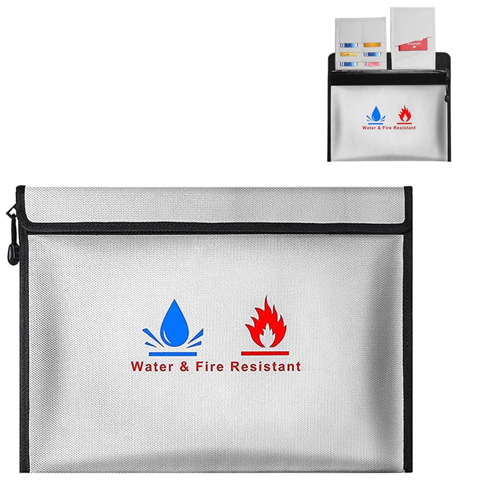 Fireproof Document Bag, Waterproof and Fire-Resistant Storage Bag, 38 x 28 cm, Suitable for A4 Documents, Bank Files, Money, and Valuables - Upgraded with 6 Credit Card Slots and 2 Passport Pockets