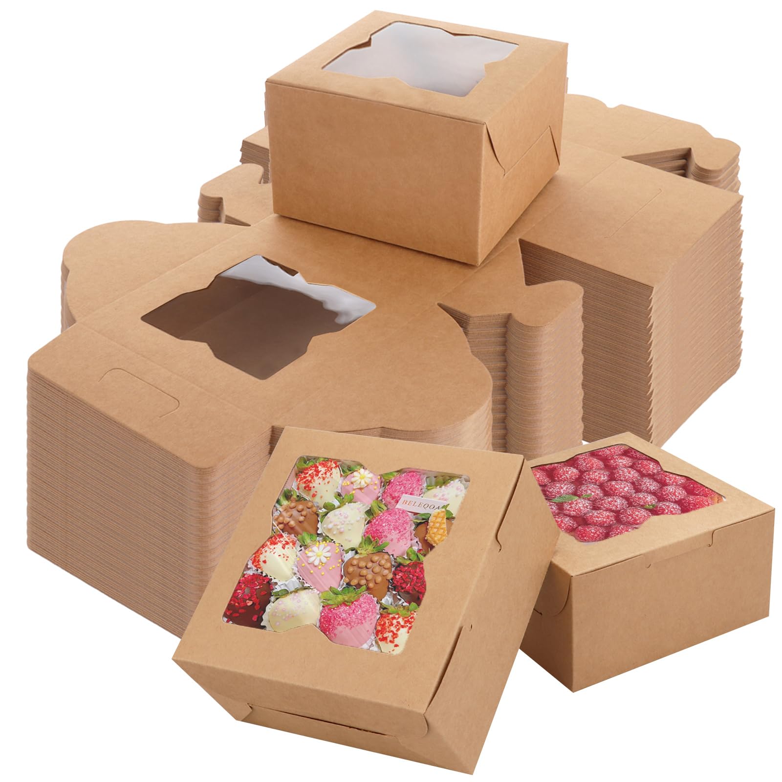 CYEER 6 Inch Cake Box Set of 72, 6x6x3 inch Cupcake Boxes for Cake Portions, Brown Kraft Box with Window for Cupcake Portions Cookie Donuts