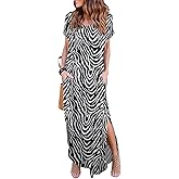 HUSKARY Women's Summer Maxi Dress Casual Loose Pockets Long Dress Short Sleeve Split Maxi Dresses