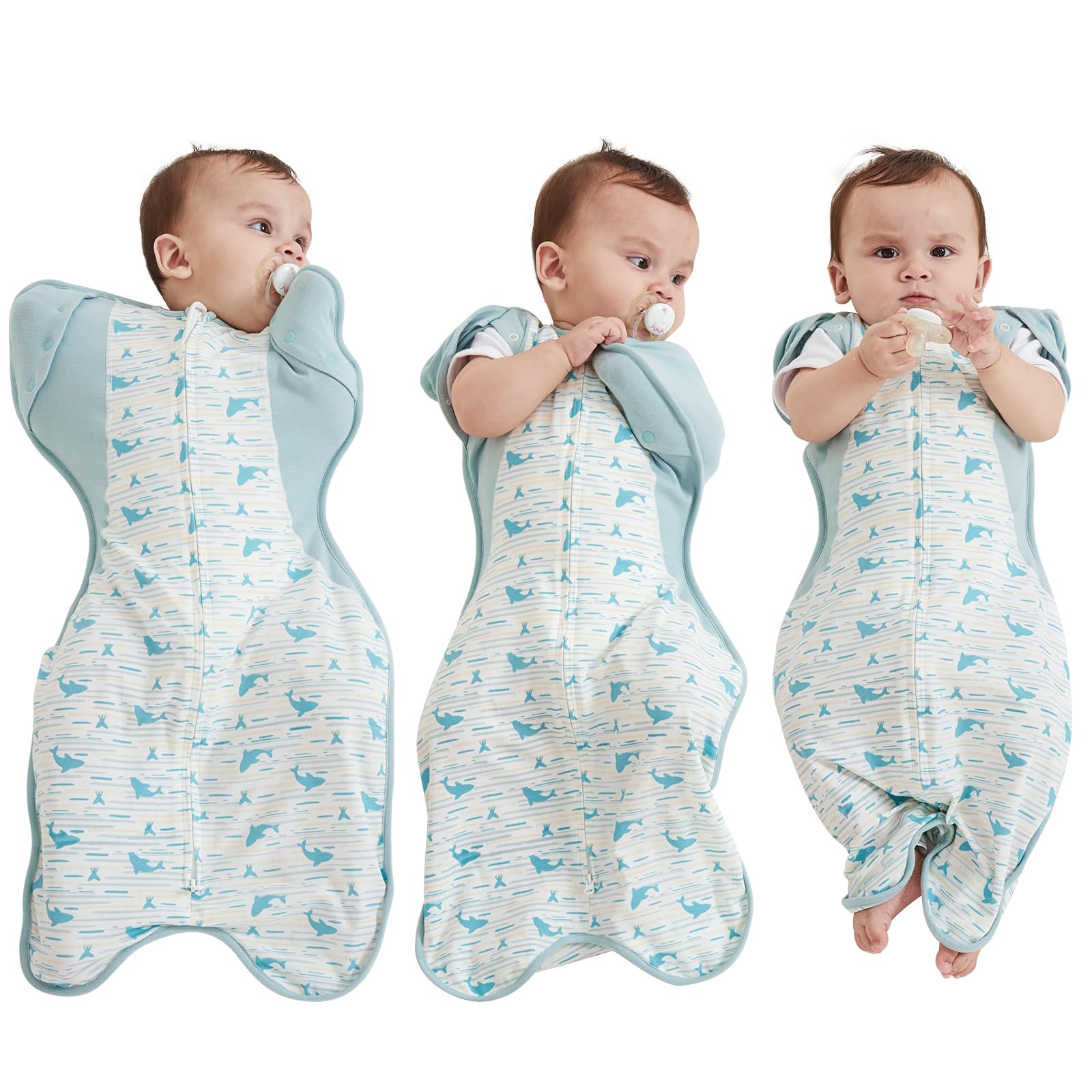 Photo 1 of Transition Baby Swaddle 3-6 Months 12-18 lb, Arms In/Out Swaddle Sleep Sack with 2-Way Zipper Moisture-Wicking Fabric, Improves Sleep Snug Fit Helps Calm Startle Reflex(Whales and the sea)