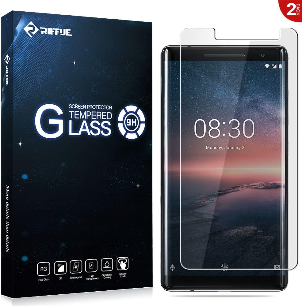 RIFFUE Nokia 8 Sirocco Screen Protector, Premium Crystal Tempered Glass Bubble Free Anti Scratch Protective Film HD Clear 3D Touch Screen Protector Glass for Nokia 8 Sirocco [2 Packs]