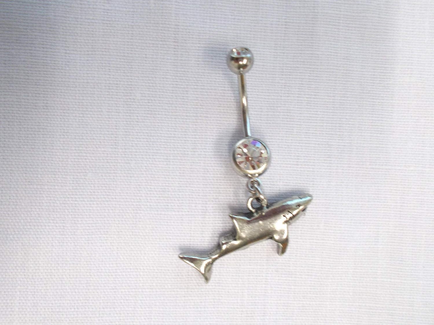 New Predator Side View Great White Shark ON 14g Clear GEM Belly Ring Barbell