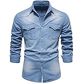Kissonic Mens Denim Shirt Long Sleeve Slim Fit Jean Shirt for Men Button Down Causal Striped Denim Shirts